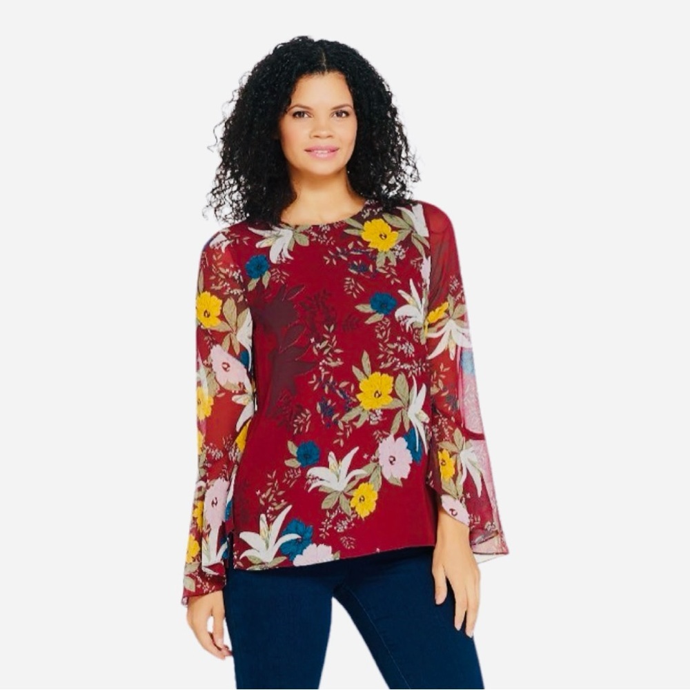 Vince Camuto Blouse XXS Flutter Sleeve Red Floral Lightweight Lined